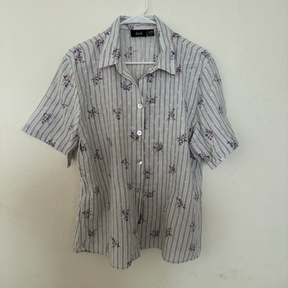 Tapestry Button Down Shirt - Gray Striped with Pink Floral - 18W